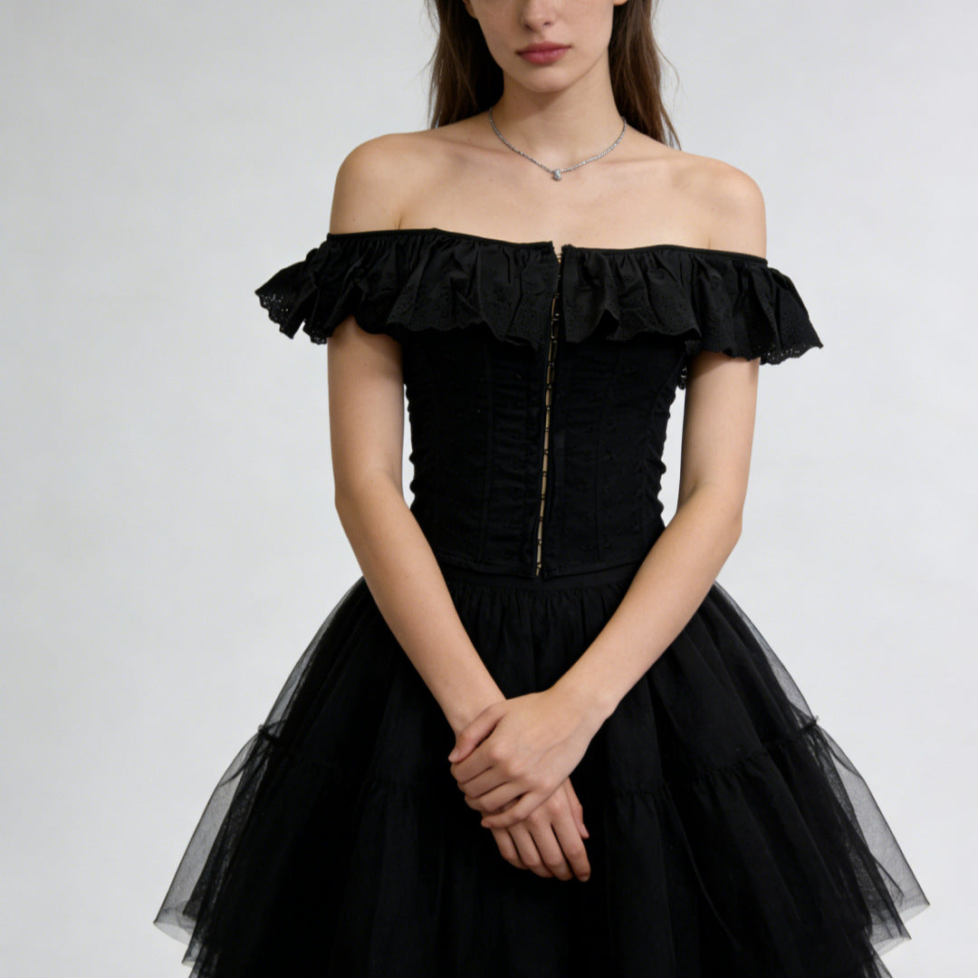 Off Shoulder Ruffle Corset Crop Top | Embroidered Lace-Up Back Bardot Blouse