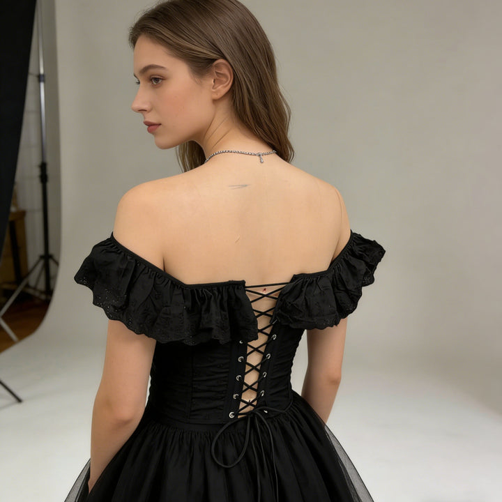 Off Shoulder Ruffle Corset Crop Top | Embroidered Lace-Up Back Bardot Blouse