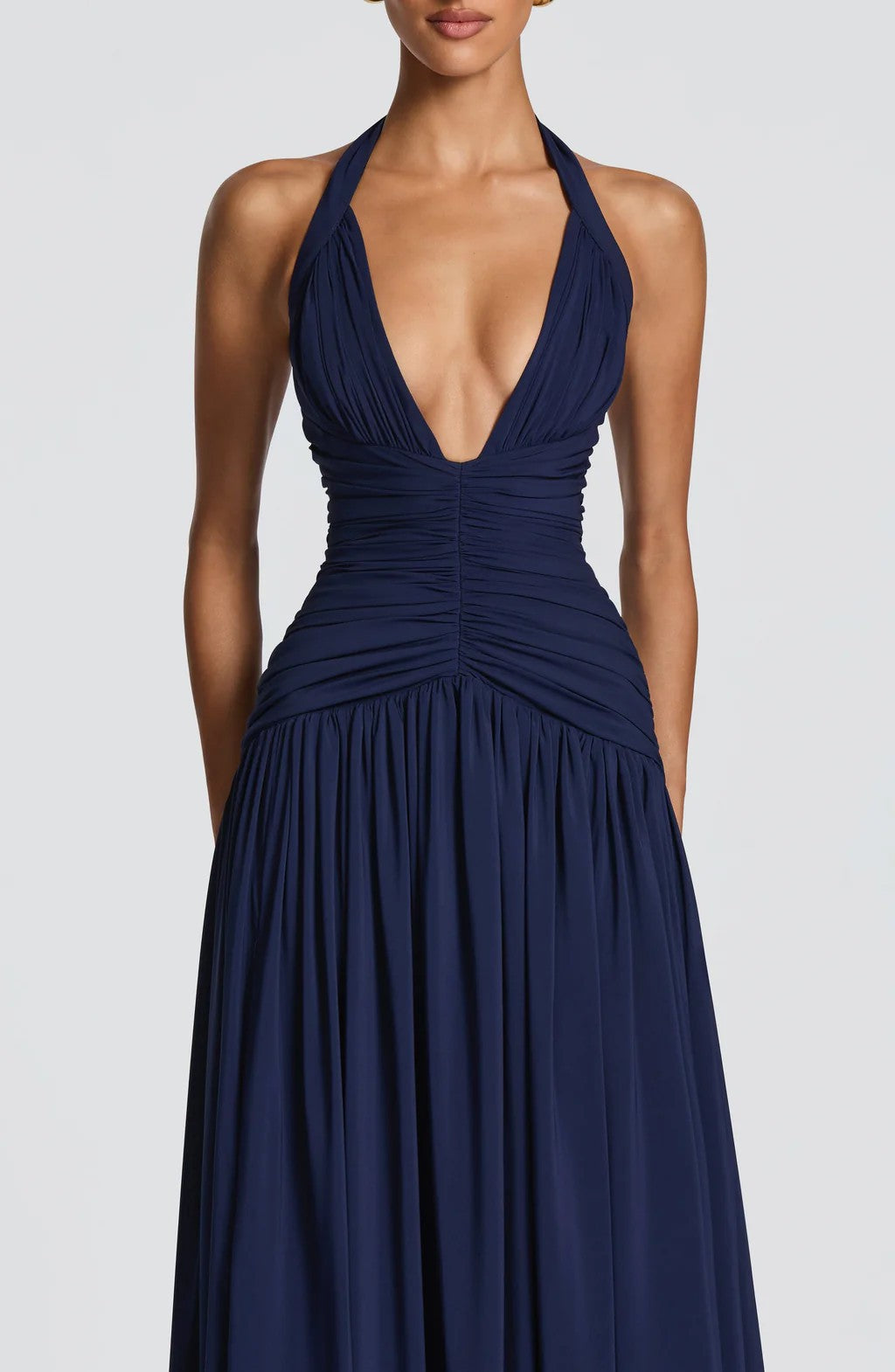 Halter Deep V Open Back Ruched  Maxi Dress | Open Back Lace-Up High Slit d Gown