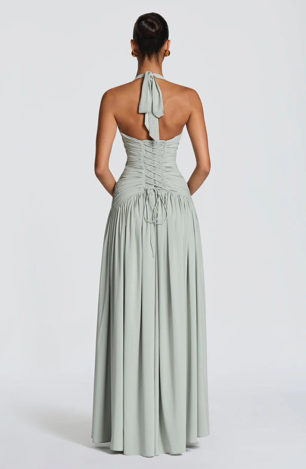 Halter Deep V Open Back Ruched  Maxi Dress | Open Back Lace-Up High Slit d Gown