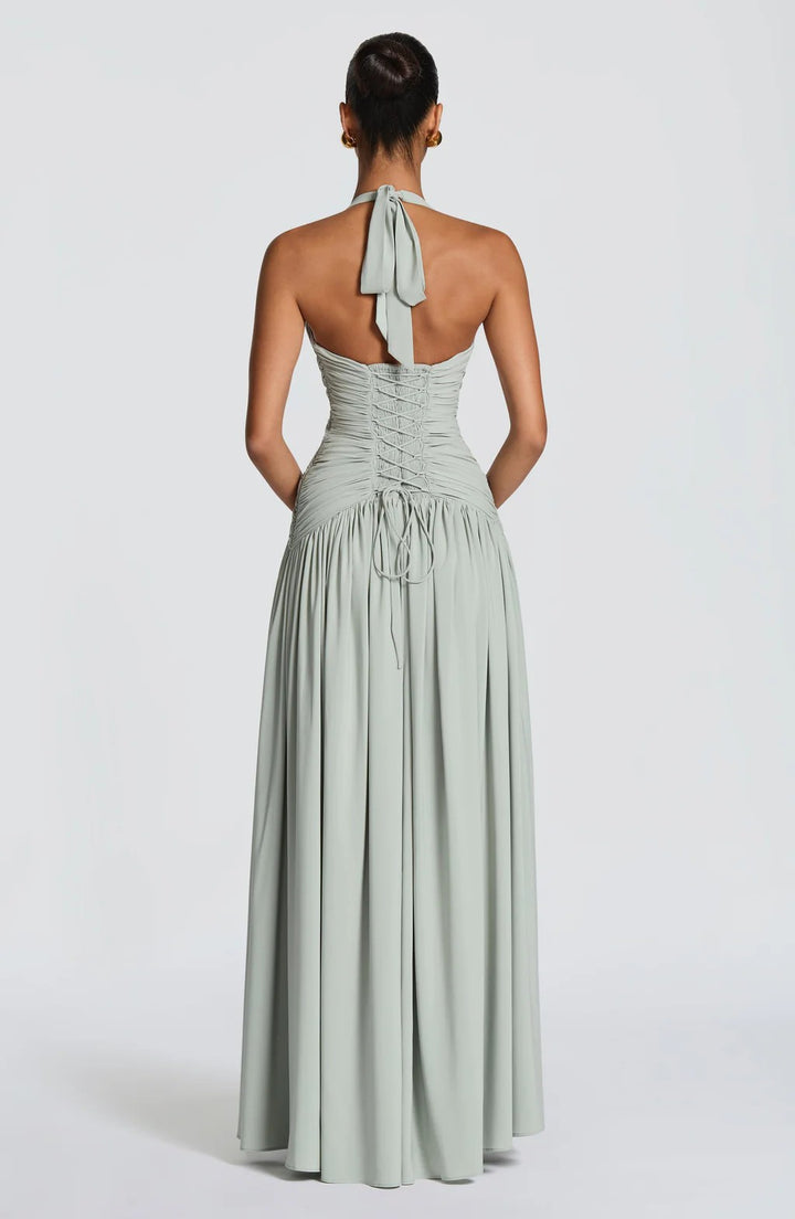 Halter Deep V Open Back Ruched  Maxi Dress | Open Back Lace-Up High Slit d Gown