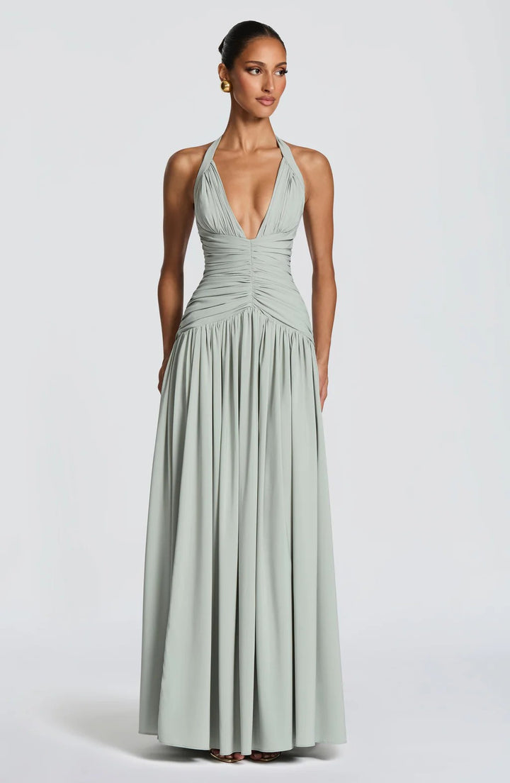 Halter Deep V Open Back Ruched  Maxi Dress | Open Back Lace-Up High Slit d Gown