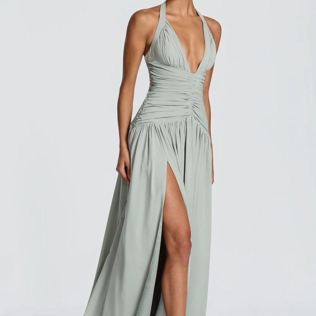 Halter Deep V Open Back Ruched  Maxi Dress | Open Back Lace-Up High Slit d Gown