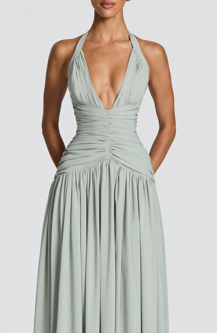 Halter Deep V Open Back Ruched  Maxi Dress | Open Back Lace-Up High Slit d Gown