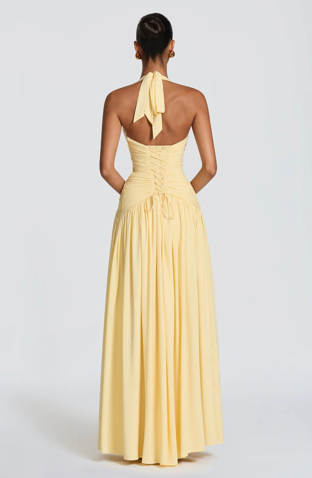 Halter Deep V Open Back Ruched  Maxi Dress | Open Back Lace-Up High Slit d Gown