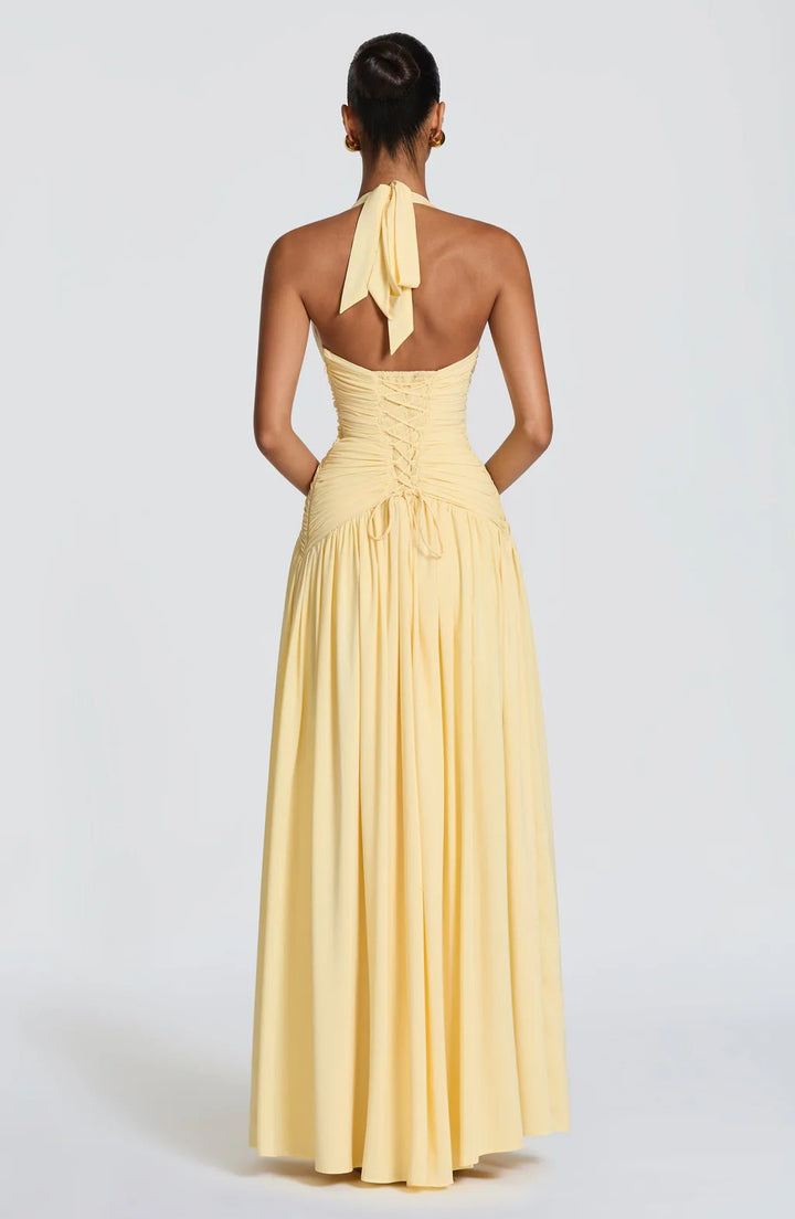 Halter Deep V Open Back Ruched  Maxi Dress | Open Back Lace-Up High Slit d Gown