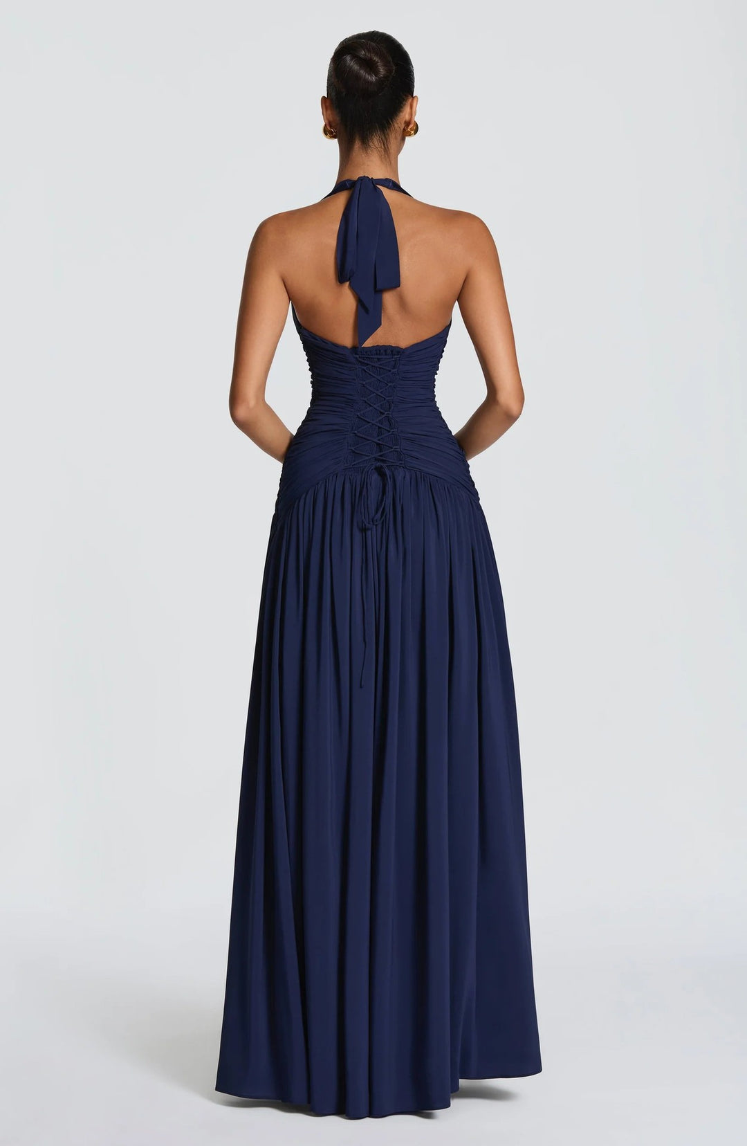 Halter Deep V Open Back Ruched  Maxi Dress | Open Back Lace-Up High Slit d Gown