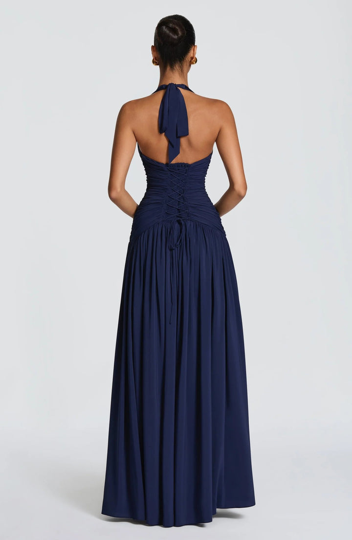 Halter Deep V Open Back Ruched  Maxi Dress | Open Back Lace-Up High Slit d Gown