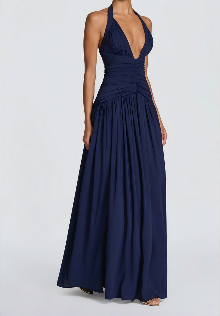 Halter Deep V Open Back Ruched  Maxi Dress | Open Back Lace-Up High Slit d Gown