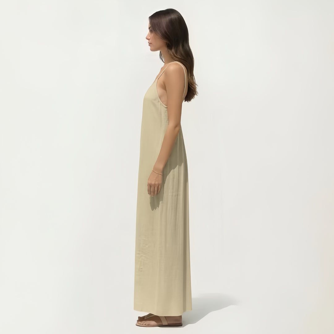 Open Back Smocked Linen Maxi Dress | Spaghetti Strap Drawstring Summer Dress