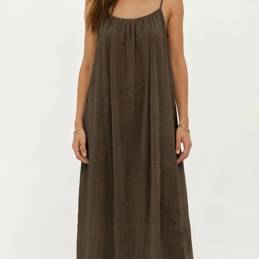 Open Back Smocked Linen Maxi Dress | Spaghetti Strap Drawstring Summer Dress