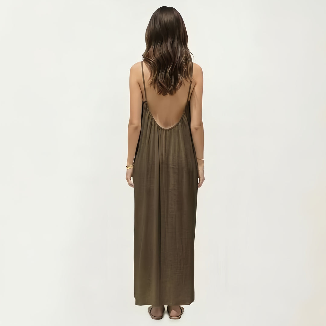 Open Back Smocked Linen Maxi Dress | Spaghetti Strap Drawstring Summer Dress