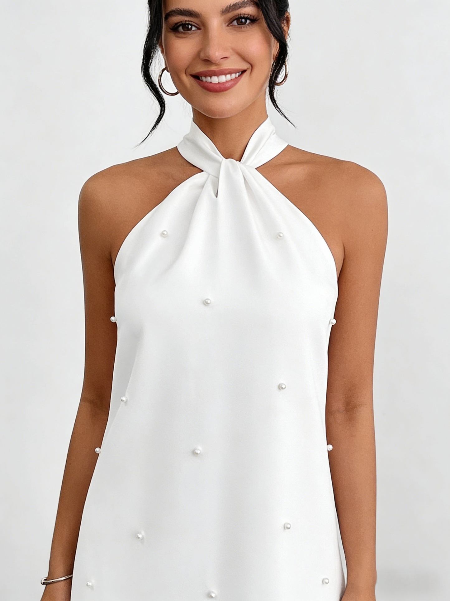 Halter Twist Pearl Embellished Mini Dress | Open Back Bow Tie Satin Babydoll Dress