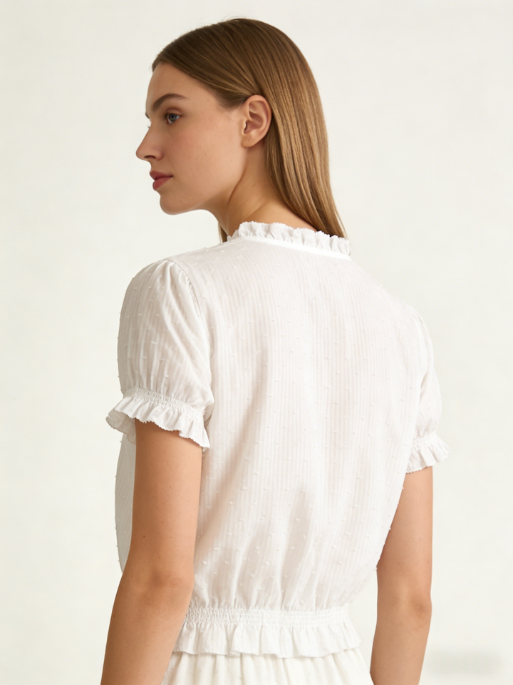 V-Neck Ruffle Puff Sleeve Swiss Dot Blouse | Cinched Waist Babydoll Top