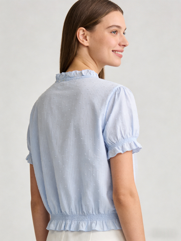 V-Neck Ruffle Puff Sleeve Swiss Dot Blouse | Cinched Waist Babydoll Top