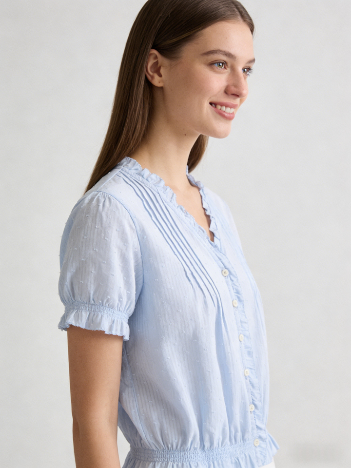 V-Neck Ruffle Puff Sleeve Swiss Dot Blouse | Cinched Waist Babydoll Top
