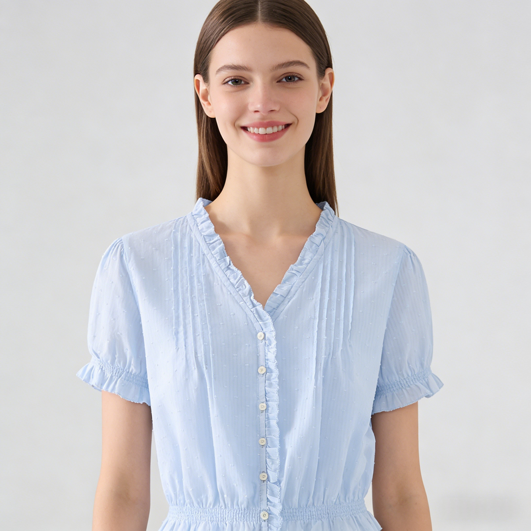 V-Neck Ruffle Puff Sleeve Swiss Dot Blouse | Cinched Waist Babydoll Top