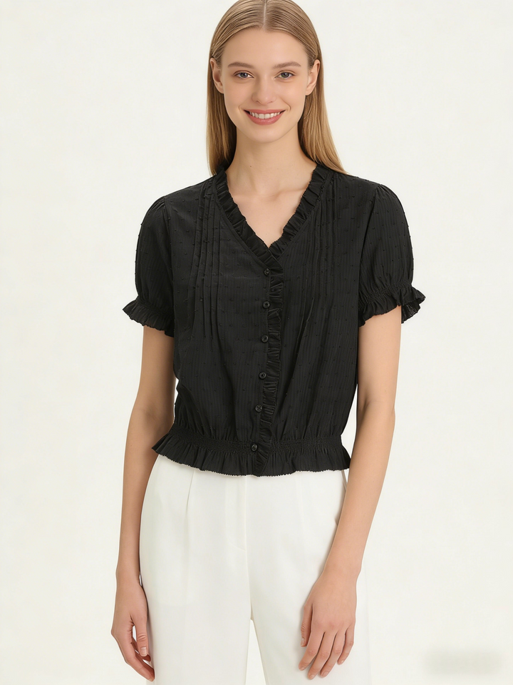 V-Neck Ruffle Puff Sleeve Swiss Dot Blouse | Cinched Waist Babydoll Top