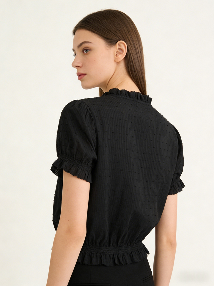 V-Neck Ruffle Puff Sleeve Swiss Dot Blouse | Cinched Waist Babydoll Top