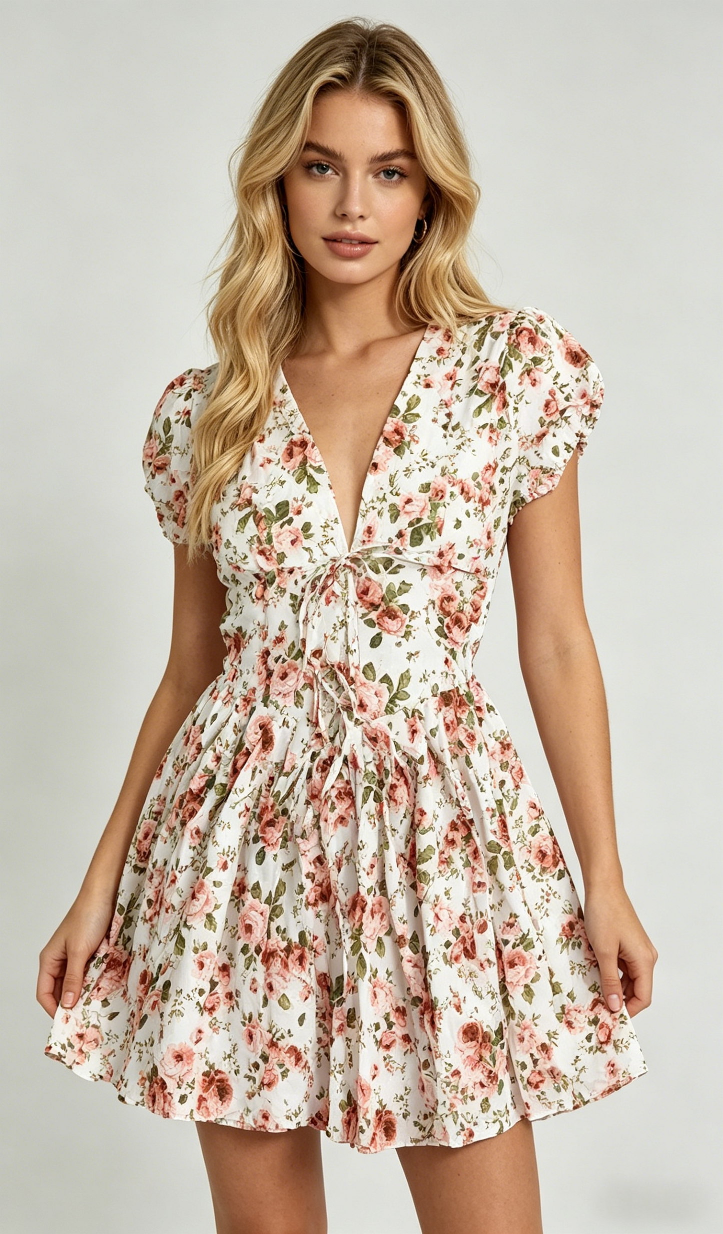 V-Neck Tie Bust Puff Sleeve Floral Mini Dress | Butter Yellow A-Line Babydoll