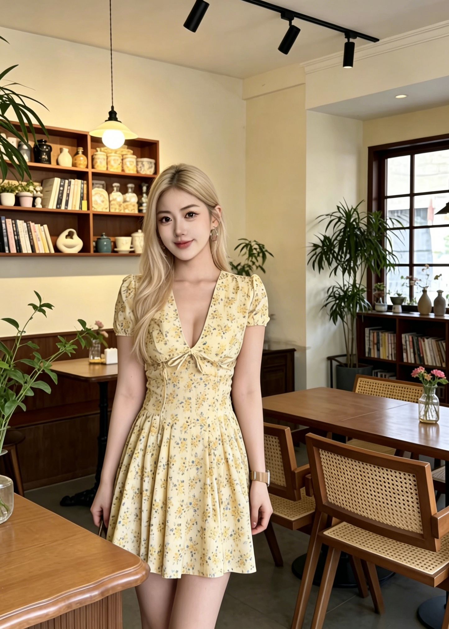 V-Neck Tie Bust Puff Sleeve Floral Mini Dress | Butter Yellow A-Line Babydoll