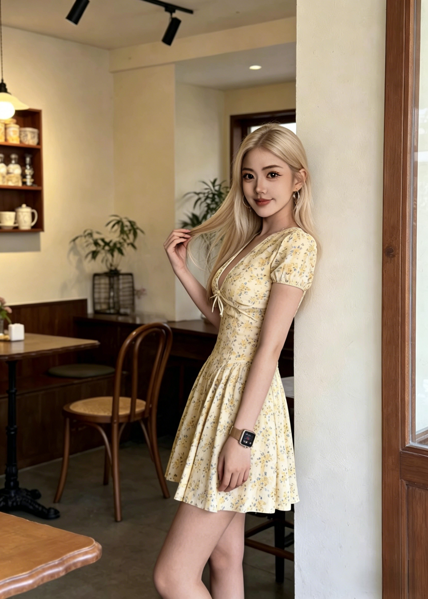 V-Neck Tie Bust Puff Sleeve Floral Mini Dress | Butter Yellow A-Line Babydoll