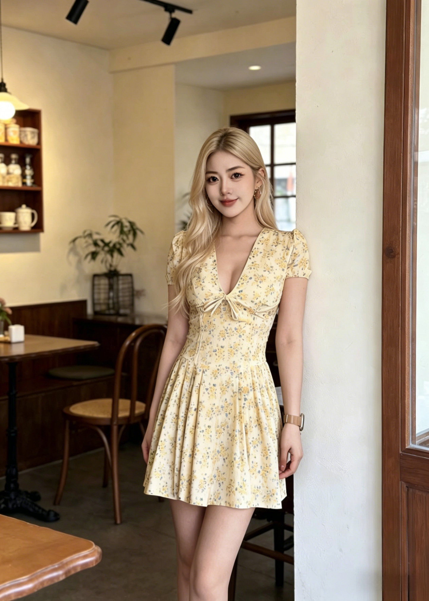 V-Neck Tie Bust Puff Sleeve Floral Mini Dress | Butter Yellow A-Line Babydoll