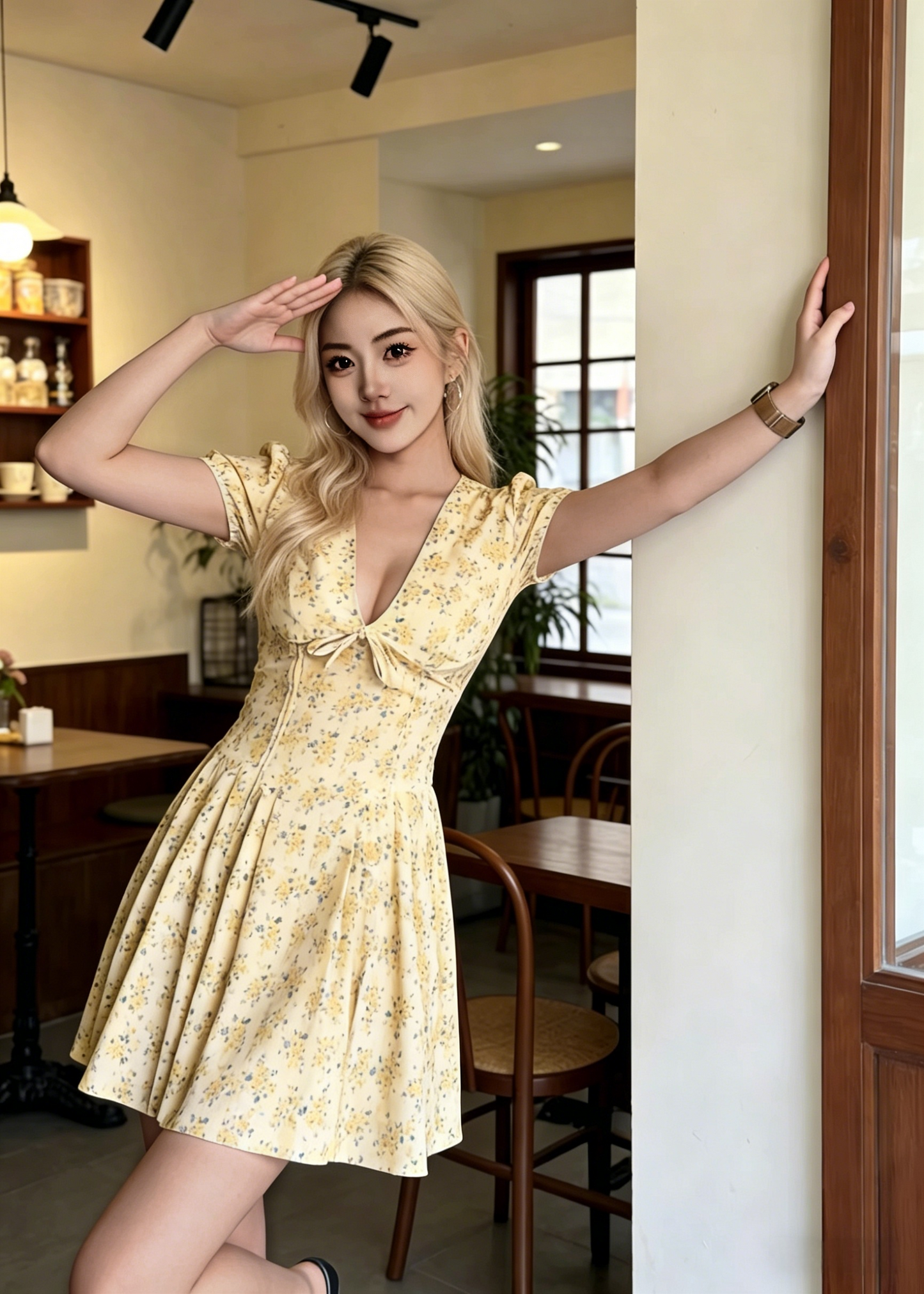 V-Neck Tie Bust Puff Sleeve Floral Mini Dress | Butter Yellow A-Line Babydoll