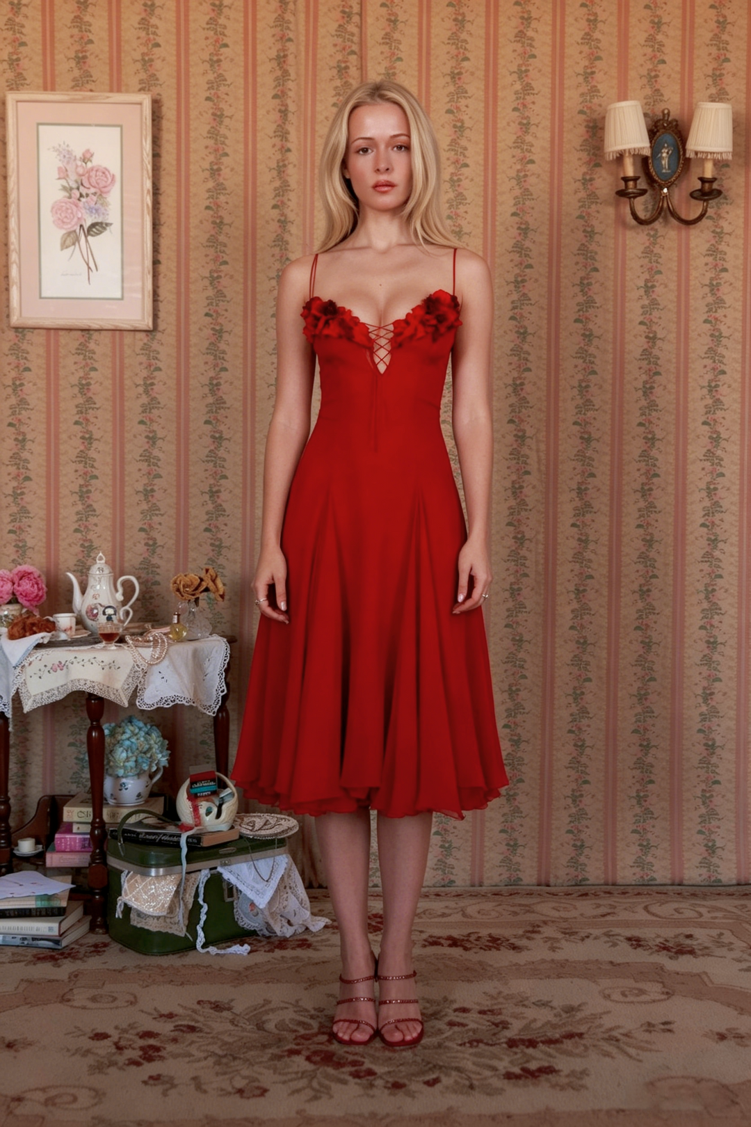 Spaghetti Strap 3D Flower Ruched Bust Mini Dress |  Corset A-Line Babydoll Dress