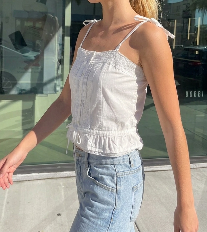 Spaghetti Strap Lace Trim Button Front Cami Top | Ruched Cotton Peplum Summer Tank