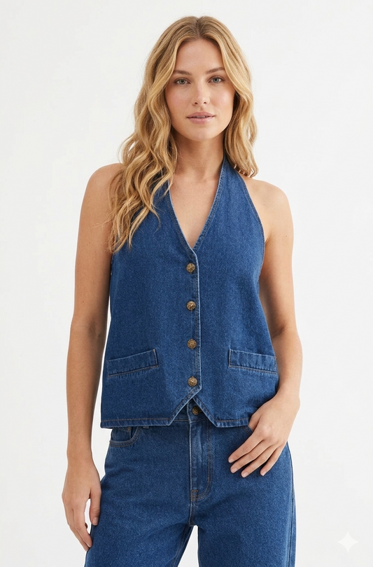 Halter Tie V-Neck Button Front Denim Vest | Washed Blue Asymmetrical Hem Y2K Top