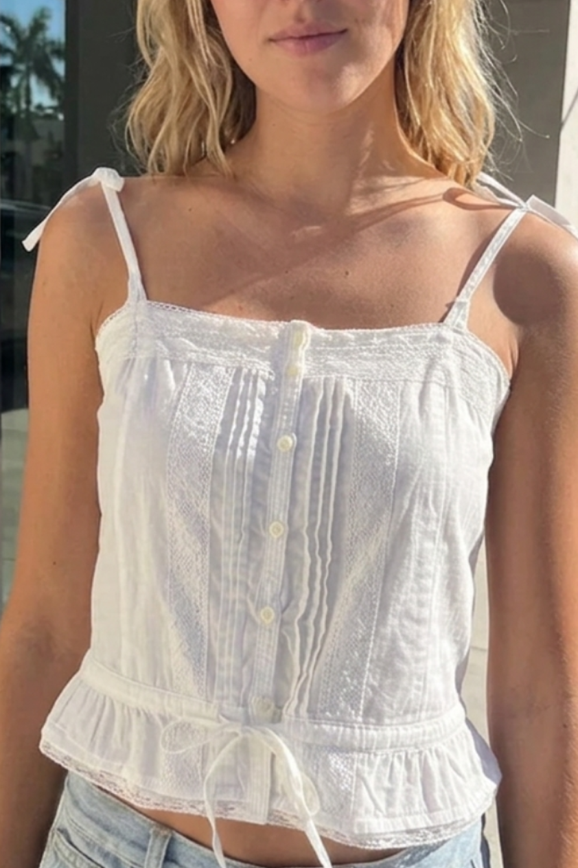 Spaghetti Strap Lace Trim Button Front Cami Top | Ruched Cotton Peplum Summer Tank