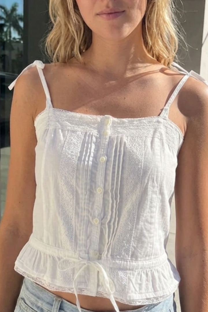 Spaghetti Strap Lace Trim Button Front Cami Top | Ruched Cotton Peplum Summer Tank