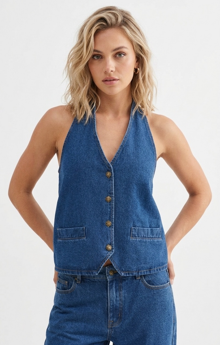 Halter Tie V-Neck Button Front Denim Vest | Washed Blue Asymmetrical Hem Y2K Top