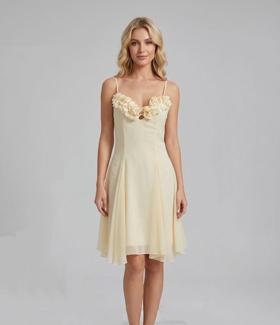 Spaghetti Strap 3D Flower Ruched Bust Mini Dress |  Corset A-Line Babydoll Dress