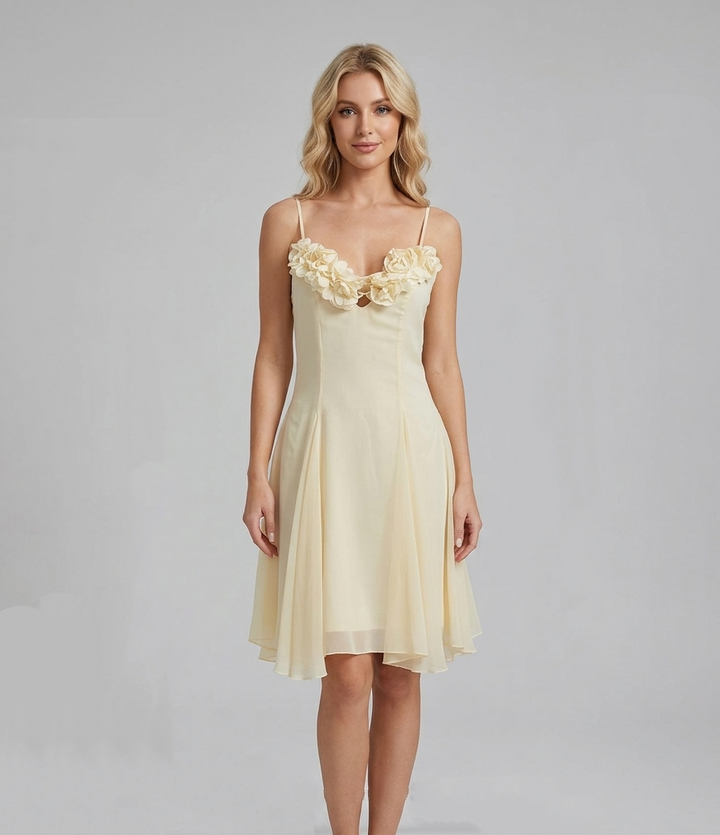 Spaghetti Strap 3D Flower Ruched Bust Mini Dress |  Corset A-Line Babydoll Dress