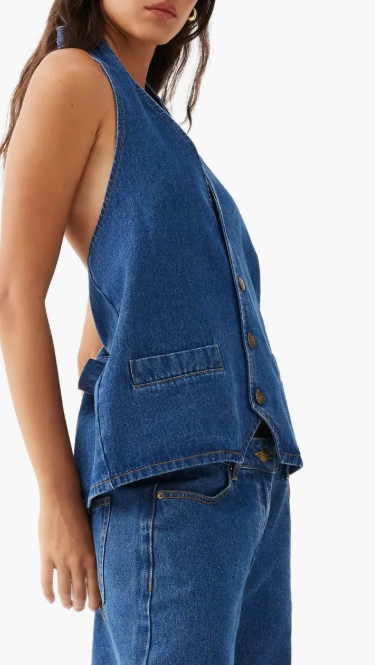 Halter Tie V-Neck Button Front Denim Vest | Washed Blue Asymmetrical Hem Y2K Top