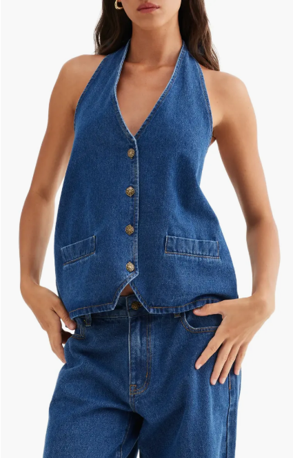 Halter Tie V-Neck Button Front Denim Vest | Washed Blue Asymmetrical Hem Y2K Top