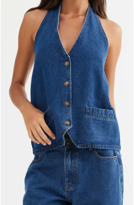 Halter Tie V-Neck Button Front Denim Vest | Washed Blue Asymmetrical Hem Y2K Top