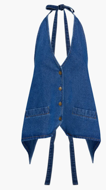 Halter Tie V-Neck Button Front Denim Vest | Washed Blue Asymmetrical Hem Y2K Top