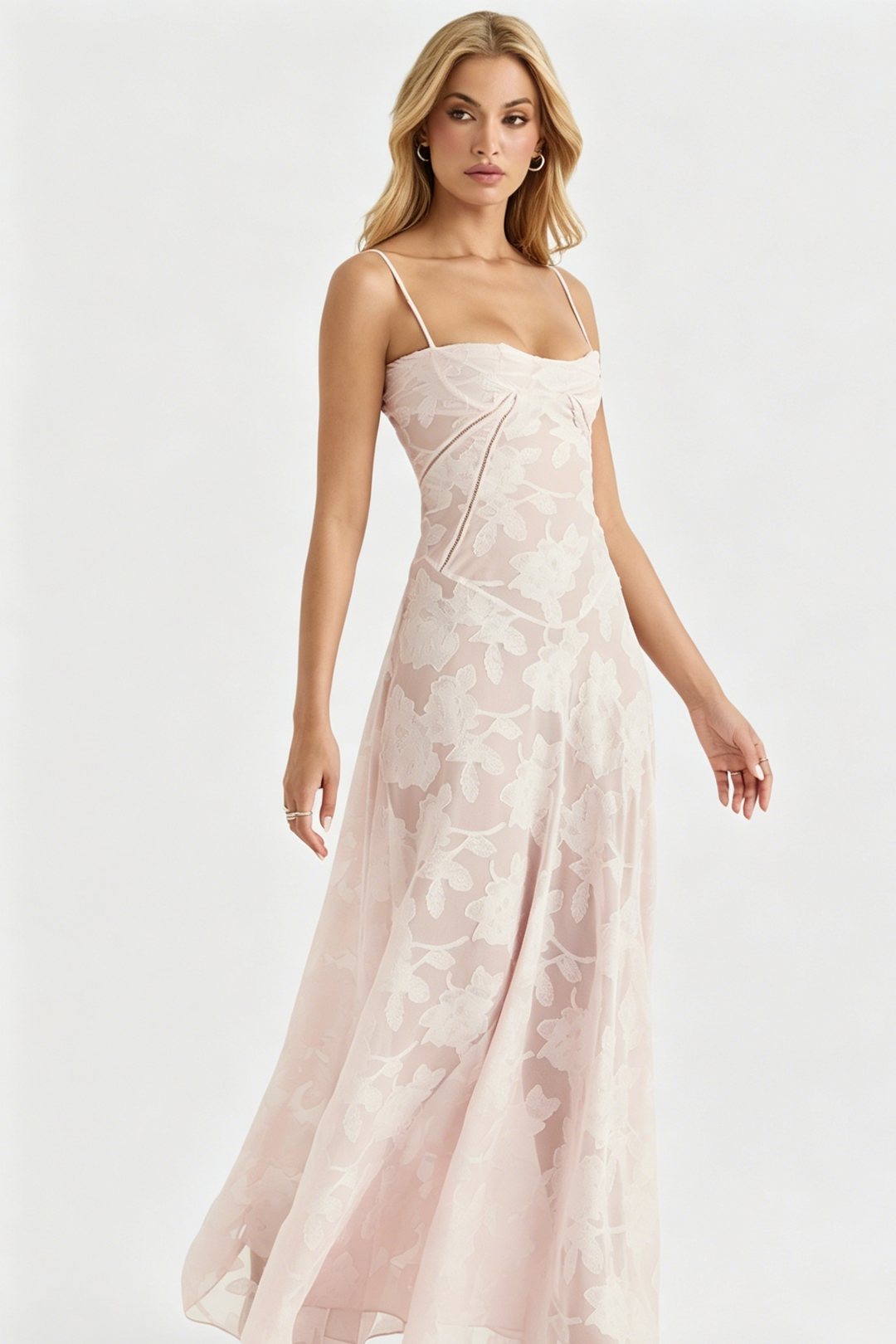 Spaghetti Strap Ruched Bust Flocked Floral Maxi Dress | A-Line Corset Gown