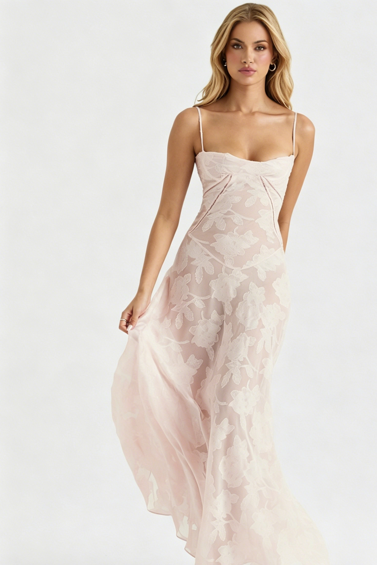 Spaghetti Strap Ruched Bust Flocked Floral Maxi Dress | A-Line Corset Gown