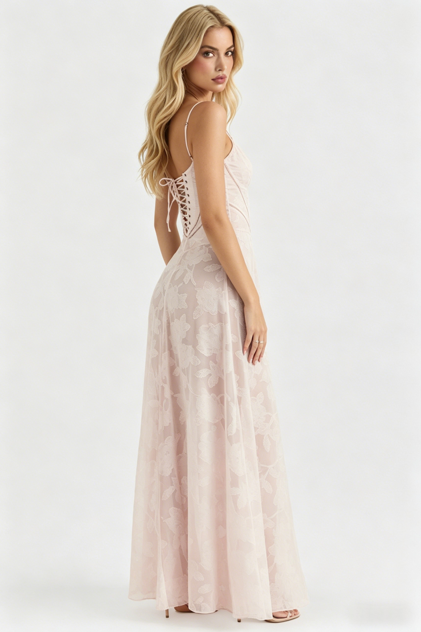 Spaghetti Strap Ruched Bust Flocked Floral Maxi Dress | A-Line Corset Gown