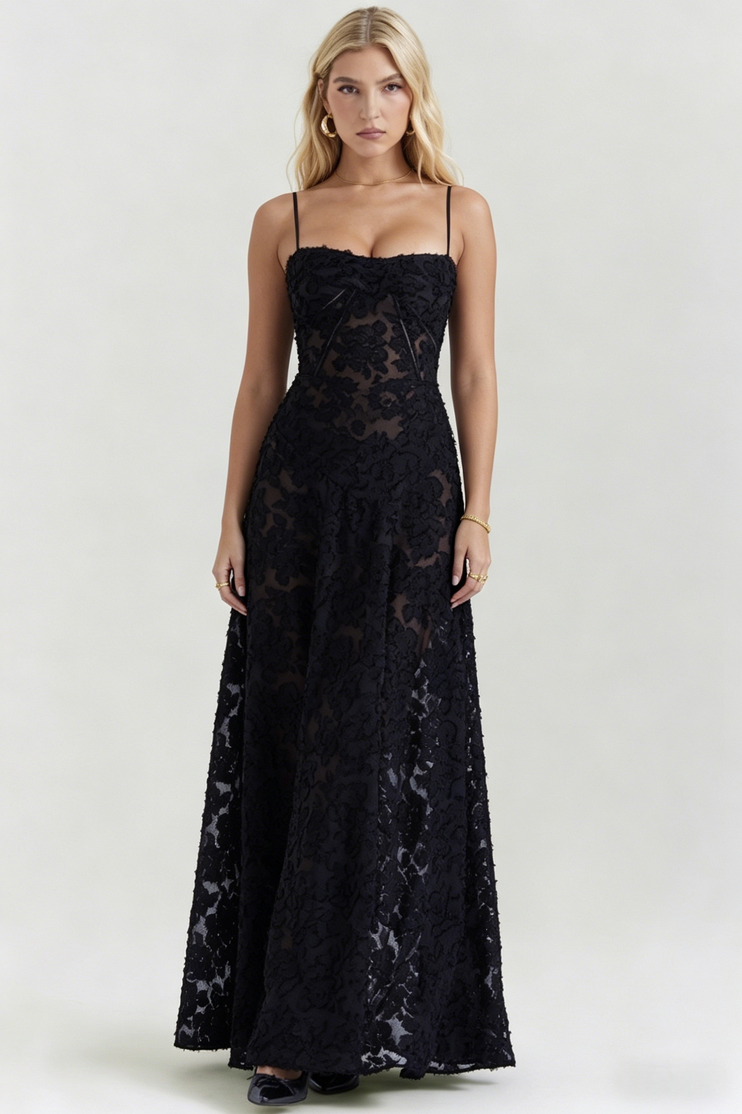 Spaghetti Strap Ruched Bust Flocked Floral Maxi Dress | A-Line Corset Gown