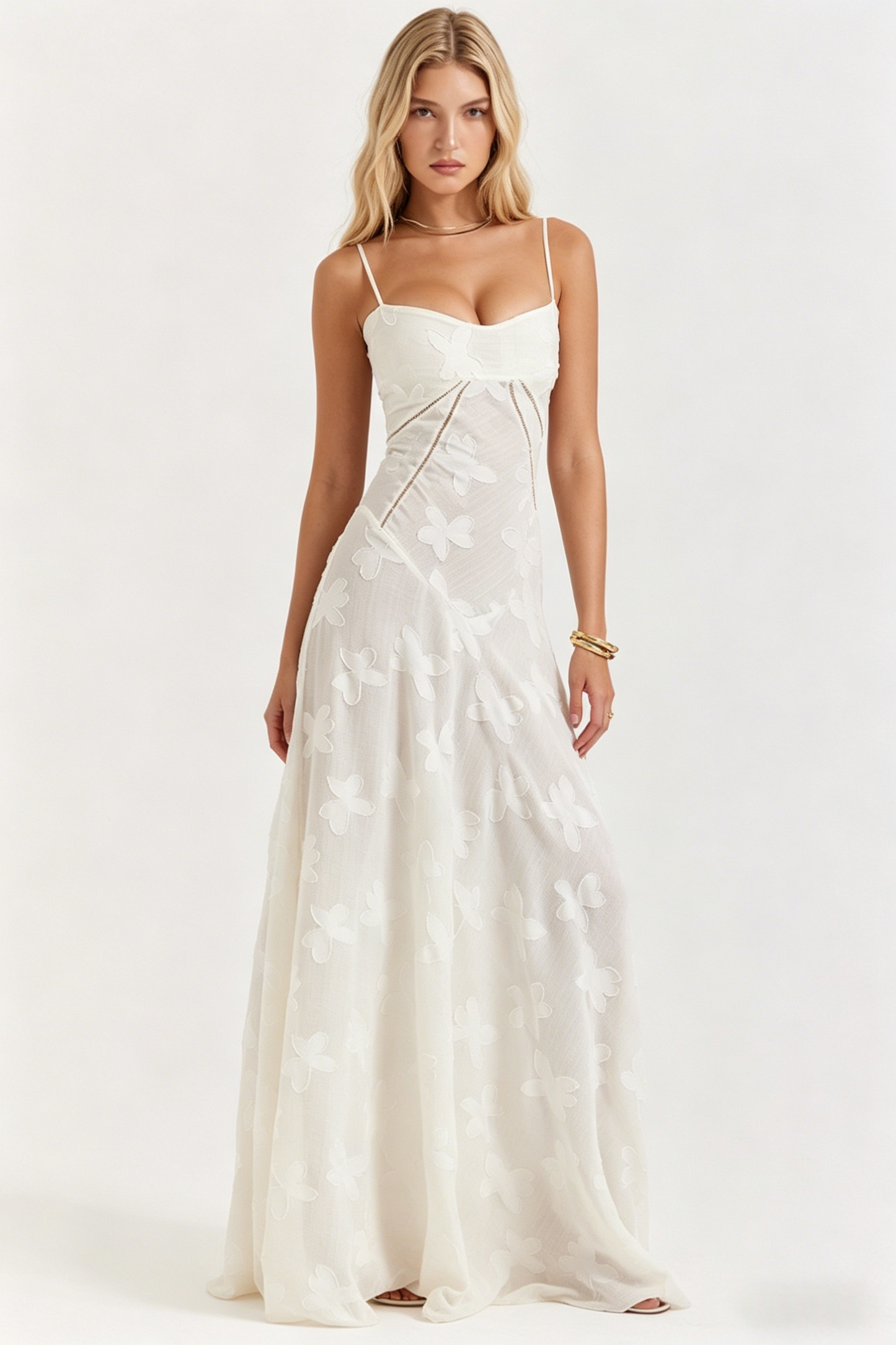 Spaghetti Strap Ruched Bust Flocked Floral Maxi Dress | A-Line Corset Gown