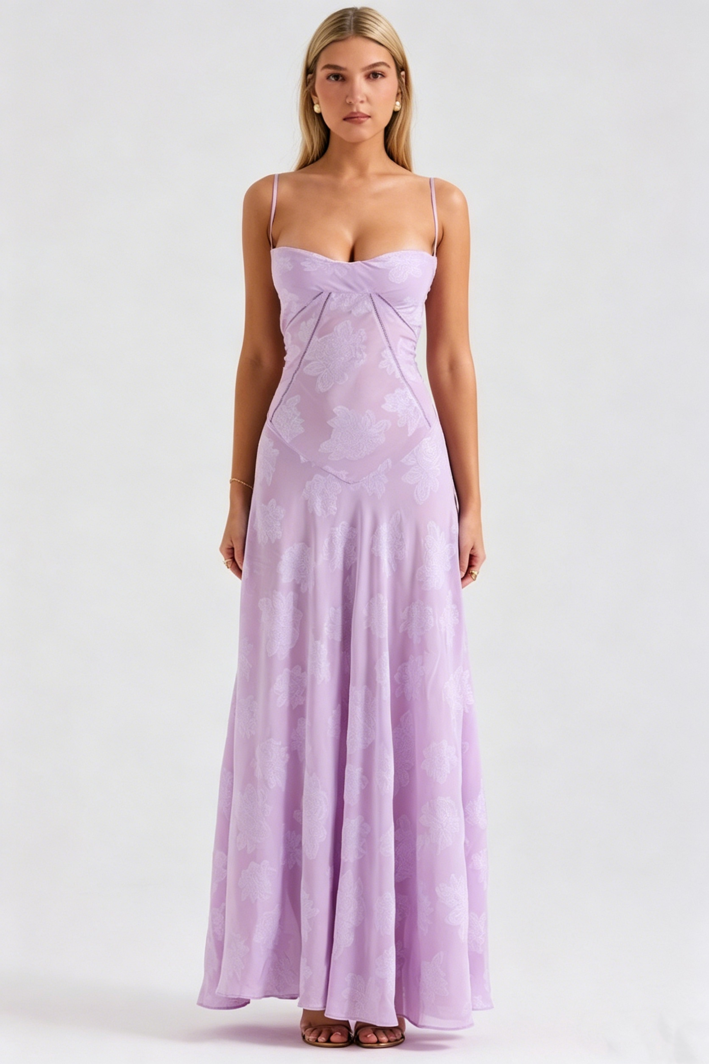 Spaghetti Strap Ruched Bust Flocked Floral Maxi Dress | A-Line Corset Gown