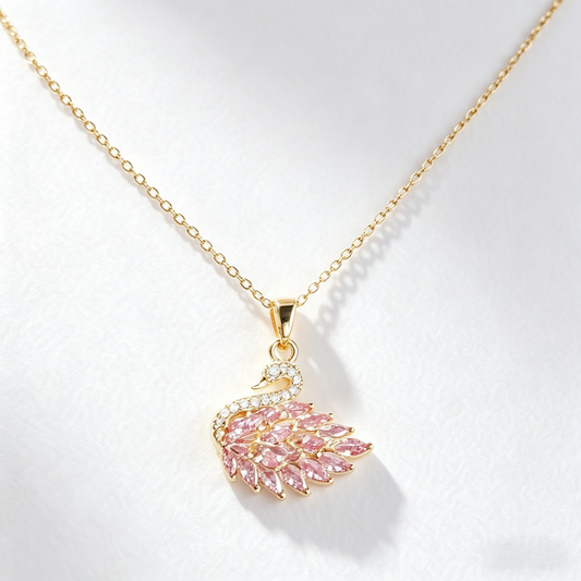 Gold Tone Pink CZ Swan Pendant Necklace | Romantic Marquise Stone Clavicle Chain