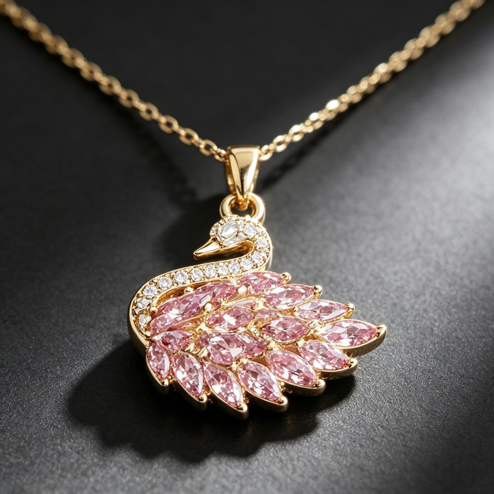 Gold Tone Pink CZ Swan Pendant Necklace | Romantic Marquise Stone Clavicle Chain