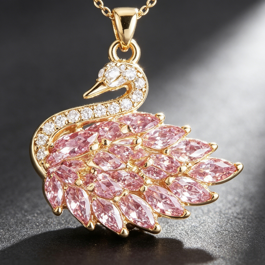 Gold Tone Pink CZ Swan Pendant Necklace | Romantic Marquise Stone Clavicle Chain