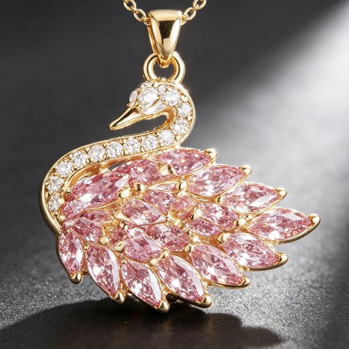 Gold Tone Pink CZ Swan Pendant Necklace | Romantic Marquise Stone Clavicle Chain